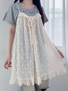 FRIFUL 女士系带蕾丝休闲百搭吊带背心，夏季款 - 米色 - 查看 3