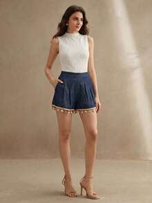 Anewsta 优雅高腰阔腿蓝色短裤，松紧腰，显瘦，轻薄，宽松，时尚休闲 - 藍色 - 查看 4