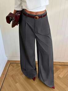 SHEIN EZwear Quần tây ống rộng màu xanh than dành cho nữ, chất liệu dệt kim. - Xám - Xem 8