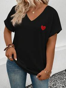 EMERY ROSE Kaos Kasual Wanita Ukuran Besar Model V-Neck Lengan Manset Motif Hati, Musim Semi/Panas - Hitam - View 5