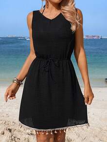 Swim Lushoire Women's Summer Beach Vacation Knitted Jacquard Fabric Flounce Shell Trim Decor Romper Black Beach Dress Black Sundress Women Black Summer Dress Women Black Vacation Dress Casual Black Dress - Black - View 5