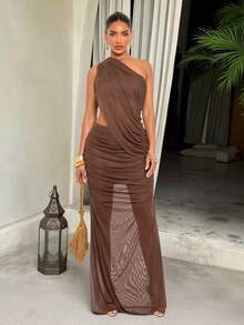SOLERSUN Sexy And Elegant, This Brown, One-Shoulder Knitted Mesh Dress Is Perfect For Banquets, Parties, Beach Vacations, Valentine's Day Dates, And Embodies A Sophisticated, Old-Money Aesthetic.Spring Summer - Brown - View 7