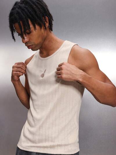 PLAYBOY X SUMWON Men's Textured Ribbed Tank Top With Crew Neckline Sleeveless Regular Fit Casual Summer Holiday Wear