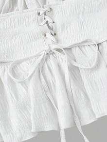 SHEIN MOD Off Shoulder Lace Up Front Ruched Bust Ruffle Hem White Waisted One-Shoulder Bell Sleeves Blouse - White - View 3