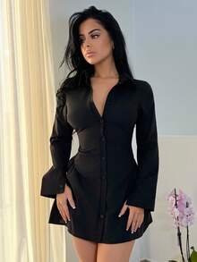 Vassilux Solid Color Ruched Fitted Women Shirt Dress Fall Cloth For Women - Black - View 4