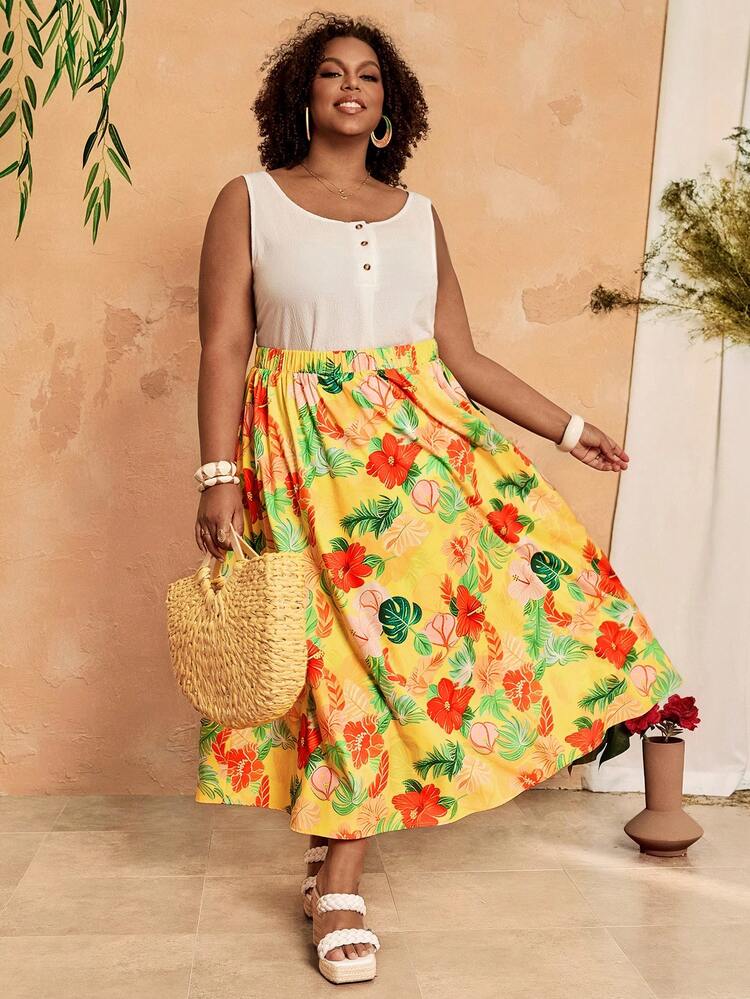 Plus Size Women Tropical Print Casual Skirt Women Summer Dresses Resort Dresses For Women Women's Summer Outfits Women Vacation Outfit Sets African Summer Dresses Women's Summer Outfits Women Casual Dresses Women Sundresses Women's Summer Dresses Longskirts For Women Beach Skirt For Women Tropical Dress For Women