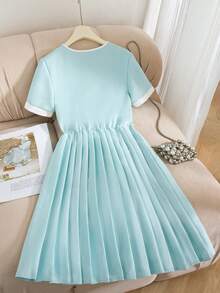 SHEIN ChillGRL 1pc Teen Girl's Sky Blue Fashionable Casual Dress For Summer,Minimalist Design With Faux Pockets & Buttons,Round Neck Short Sleeve,Elegant Party Style - Baby Blue - View 2