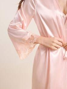 Hourtrue 2er Set Damen Sexy Spitzen-Camisole Nachtkleid & eleganter Satin-Morgenmantel mit Gürtel, Champagnerfarbe, Ganzjahres, Urlaub, Herbst Winter Kleidung, gemütlich und elegant, Old Money Vibe, elegantes Outfit für den Sommer - Pink - Übersicht 10