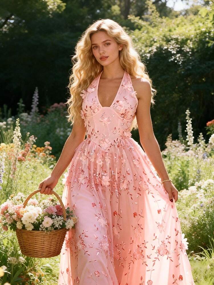 Glamine Charm Elegant Floral Jacquard Deep V-Neck Midi Dress,Pink