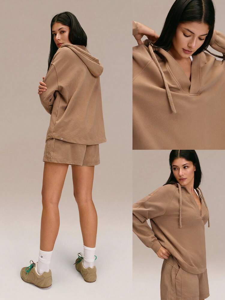 Everyday Terry Cozy Motivation Soft Breathable Sweat-Wicking Vintage Wash Oversized Deep V-Neck Tunic Hoodie Sweatshirt Daily Casual Wear