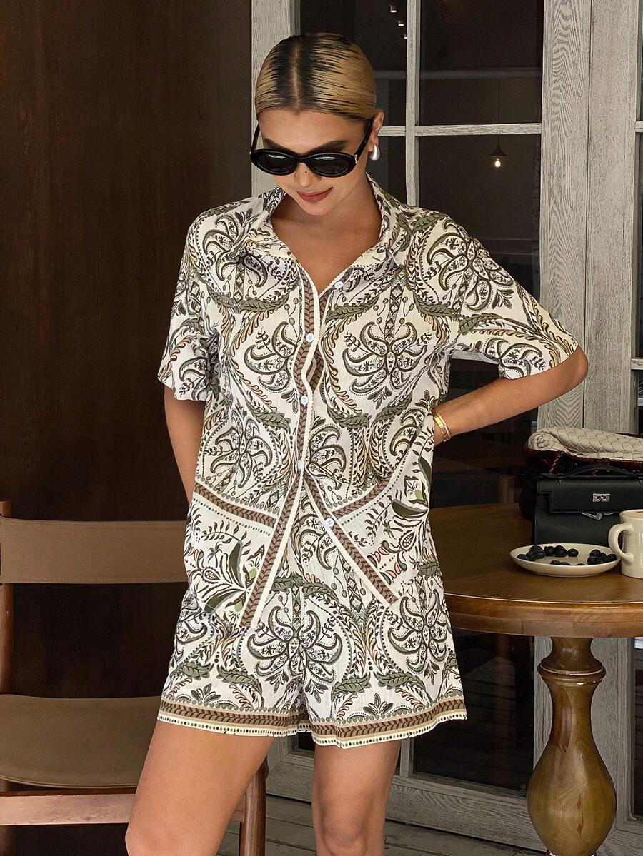 Conjunto de pijama holgado con estampado de paisley para mujer, ideal para vacaciones de verano en la playa - Verde - Ver 1