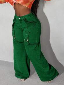 Slaydiva Plus Size Casual Everyday Street Snap Button Detail Loose Fit Jeans - Green - View 1