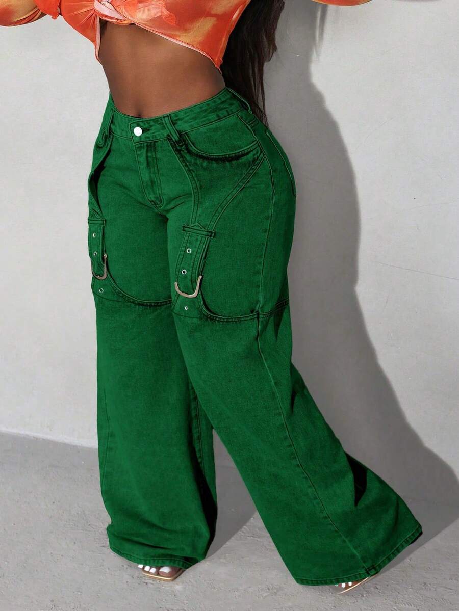 Slaydiva Plus Size Casual Everyday Street Snap Button Detail Loose Fit Jeans - Green - View 1