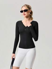 OutZeal Casual Versatile Deep V Slightly Sheer Long Sleeve Sports T-Shirt - Black - View 8