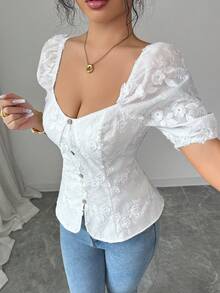 SHEIN Elenzya Camicia estiva casual con ricamo floreale a tinta unita - Bianco - Visualizzare 4