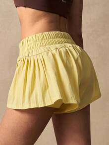 VARSIVA Quần short thể thao ngoài trời thường ngày, đa năng, màu trơn, cạp chun dành cho nữ. - Màu vàng - Xem 8