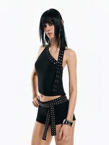 Airlisse Women's 2 Pieces Set, Sexy Crop Top With Metal Rivet Decor & Super Short Shorts, Suitable For Spring/Summer 2000s Outfits Women 2000s Clothes - Black - View 3