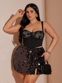 SHEIN BAE تنورة قصيرة بشق جانبي مزينة بالخرز للمرأة ذات الحجم الكبير باللون البني الداكن - متعدد الألوان - مشاهدة 3