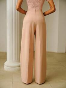 ZEYLAH Minimalist Asymmetrical Waistband Straight Leg Wide Leg Pants, Spring/Summer - Pink - View 3
