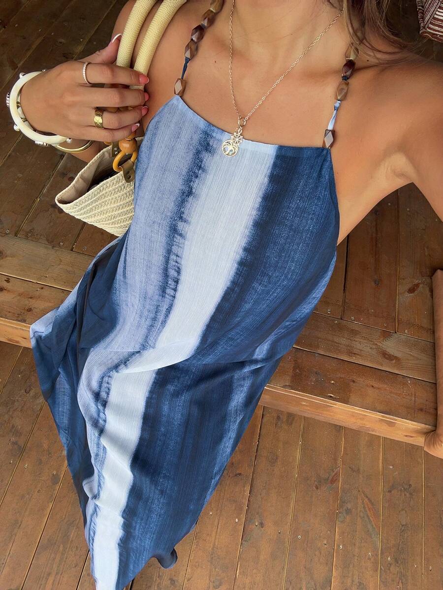 Strévra 夏季度假女款珠飾肩帶紮染中長洋裝,海軍藍 - 藏蓝色 - 查看 1