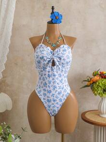 Swim Mod 女士新款纹理印花抹胸荷叶边修身露背连体泳衣，春夏款 - 彩色 - 查看 2