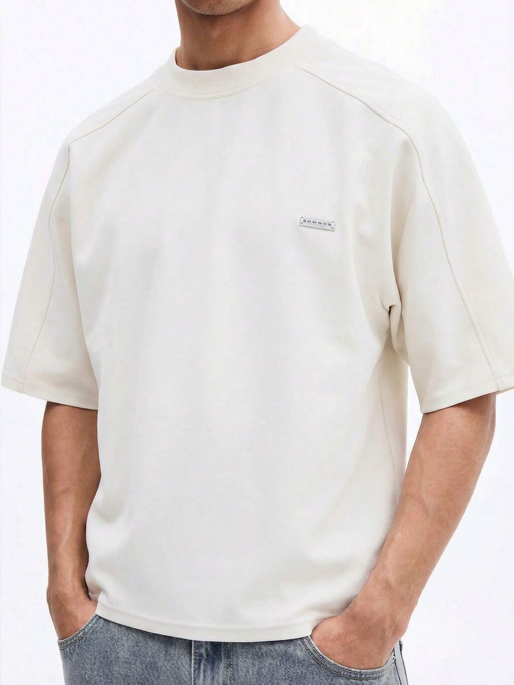 SUMWON Klasyczny T-shirt z krótkim rękawem i okrągłym dekoltem, z logo, niezbędny na co dzień, swobodny, wygodny, luźny krój, podstawowy top typu pullover