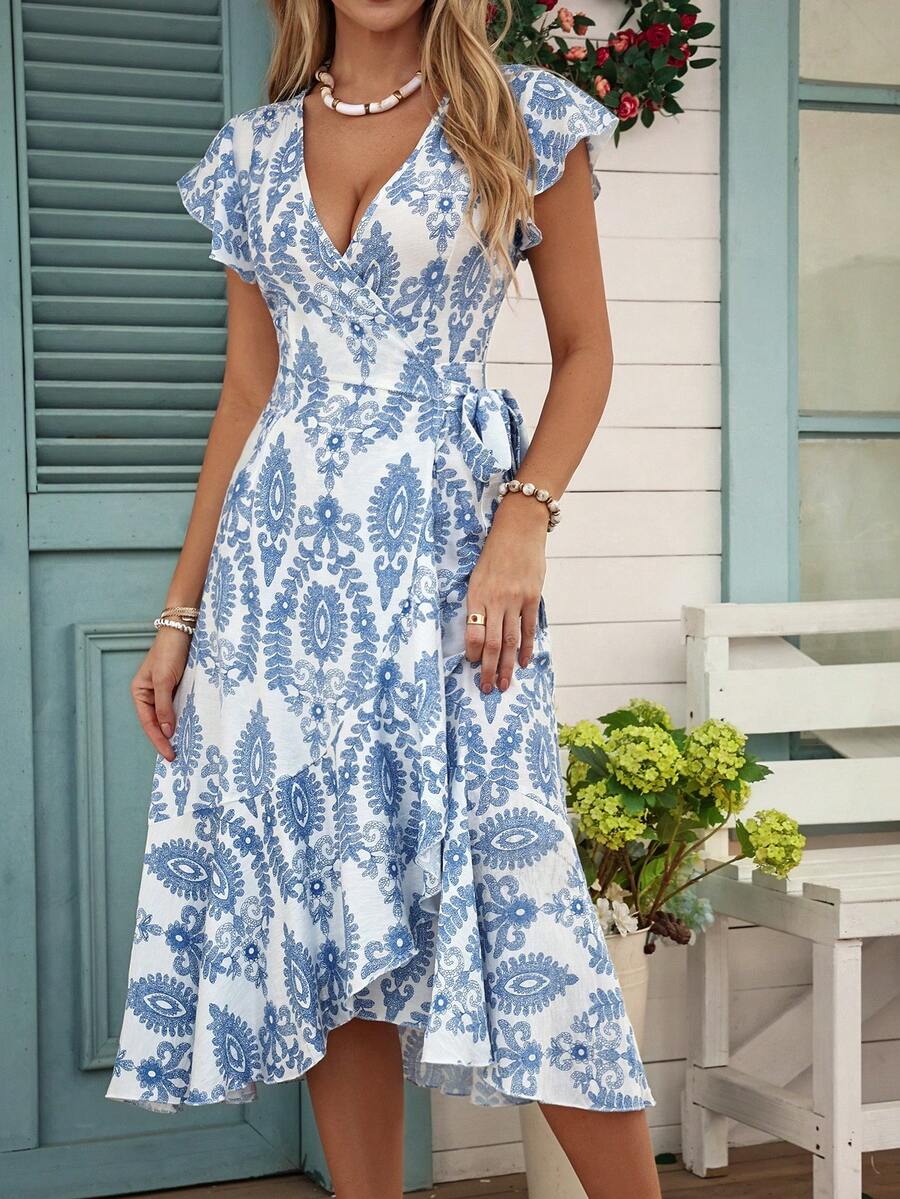 EMERY ROSE Women's Casual Vacation Print V-Neck Cap Sleeve Waist Cinched Asymmetric Ruffle Hem Dress, Spring/Summer - Blue - View 1