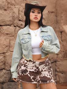 Jeanoix Plus Size Women Y2K Vintage Washed Denim Jacket - Teal Blue - View 6