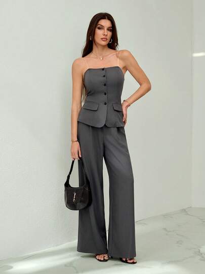 SHEIN Tall 1 Set Solid Color Fitted Camisole Top And Elegant Pants Suit In Fall/Winter