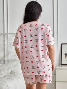 SHEIN Cotton Plus 女士多色格子蝴蝶结图案圆领短袖短裤家居服舒适休闲睡衣套装 - 彩色 - 查看 2