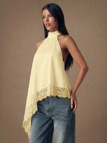 SHEIN BAE Áo hai dây satin hở lưng phối ren thanh lịch, thích hợp cho tiệc tùng, cocktail, các dịp trang trọng, Giáng sinh, hoặc trang phục công sở thường ngày. - Màu vàng - Xem 4