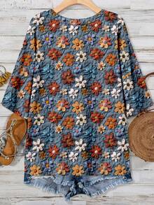 EMERY ROSE Casual Floral Print V-Neck T-Shirt For Plus Size Women, Suitable For Summer - Multicolor - View 2