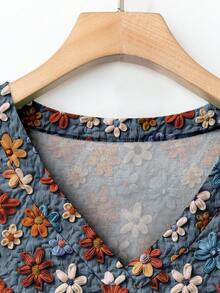 EMERY ROSE Casual Floral Print V-Neck T-Shirt For Plus Size Women, Suitable For Summer - Multicolor - View 6