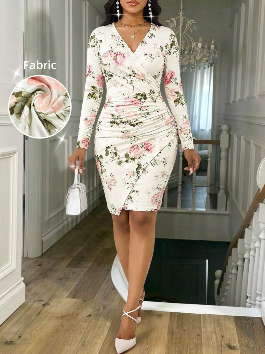 SHEIN Lady Vestido midi elegante feminino com decote em V, estampa floral e cintura franzida, ideal para festas e eventos. - Multicolorido - Ver 1