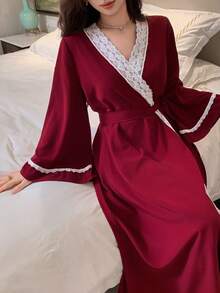 DAZY Bata larga de mujer con mangas acampanadas, encaje y parches de colores contrastantes, de estilo romántico primaveral - Rojo - Ver 5