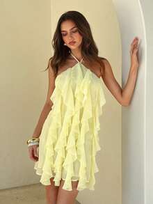 Aloruh Đầm mini đi biển bằng chiffon thanh lịch dành cho nữ, kiểu dáng buộc dây cổ yếm, nhiều lớp xếp nếp, hở lưng. - Vàng nhạt - Xem 9
