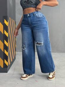 EMERY ROSE Plus Size Women's Non-Stretch Distressed Washed Loose Wide Leg Jeans - Dark Wash - View 4