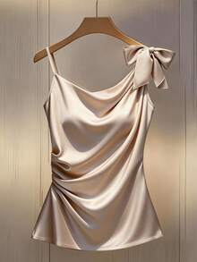 Franclia Women's Fashion Minimalist Satin V-Neck Ruched Fitted Camisole - Champagne - View 8