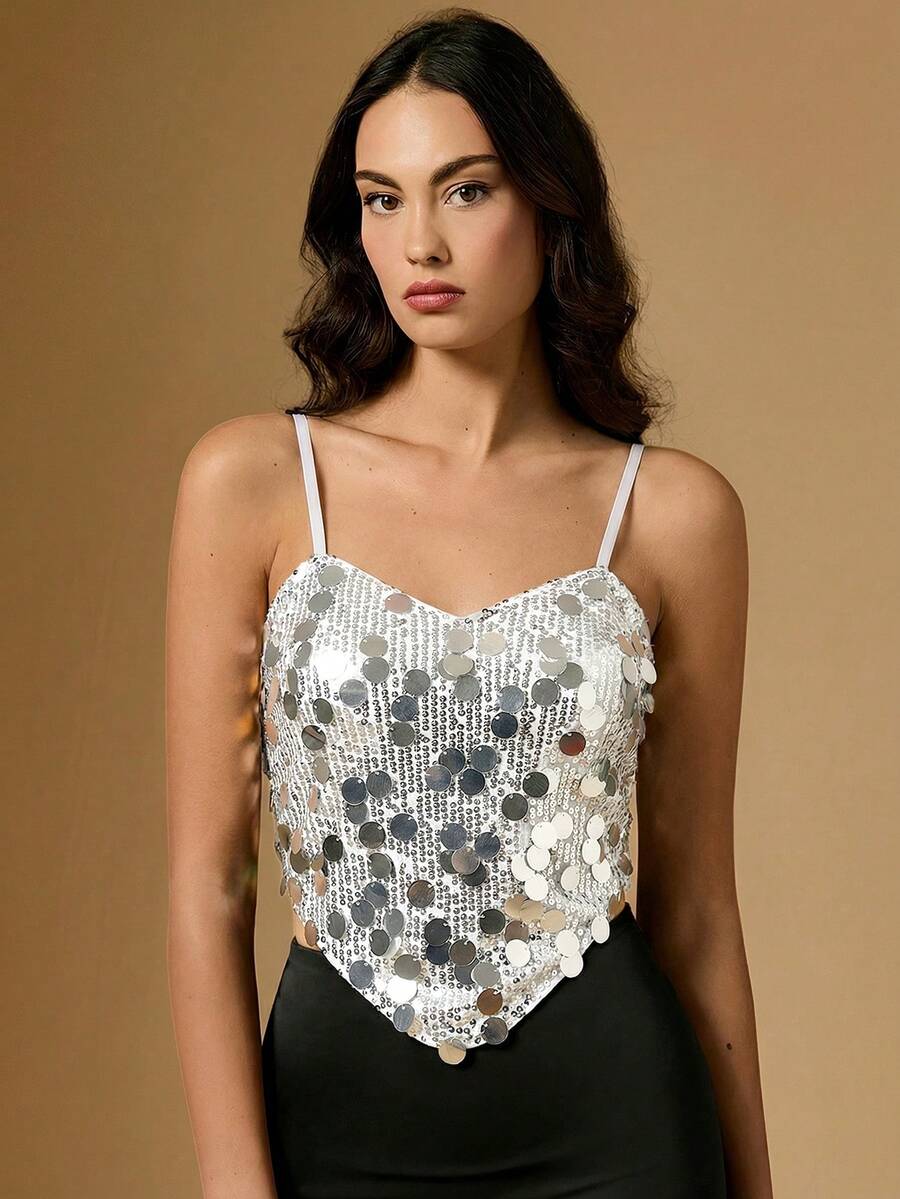 Briarwyn Women's Solid Color Asymmetric Hem Fashionable Sequin Camisole,Summer Top - Silver - View 1