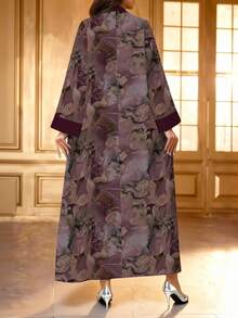 SHEIN Najma 紫色紮染碎花拼接刺繡V領開衩下擺長袖長洋裝，優雅阿拉伯風春夏度假穿搭 - 彩色 - 查看 2