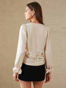 Aveloria Rosie New European And American Style Spring/Summer Fashion Versatile Solid Color Satin V-Neck Design Long Sleeve Blouse - Beige - View 2
