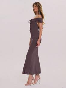 MUSERA Vestido largo elegante de primavera y verano con hombros descubiertos, escote con lazo, ajustado y con cola de pez, para boda, invitado, vacaciones, ocasiones especiales y luna de miel - Púrpura malva - Ver 3
