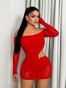 Sirith 女式露肩长袖镂空收腰修身性感时尚连衣裙 - 紅色 - 查看 5