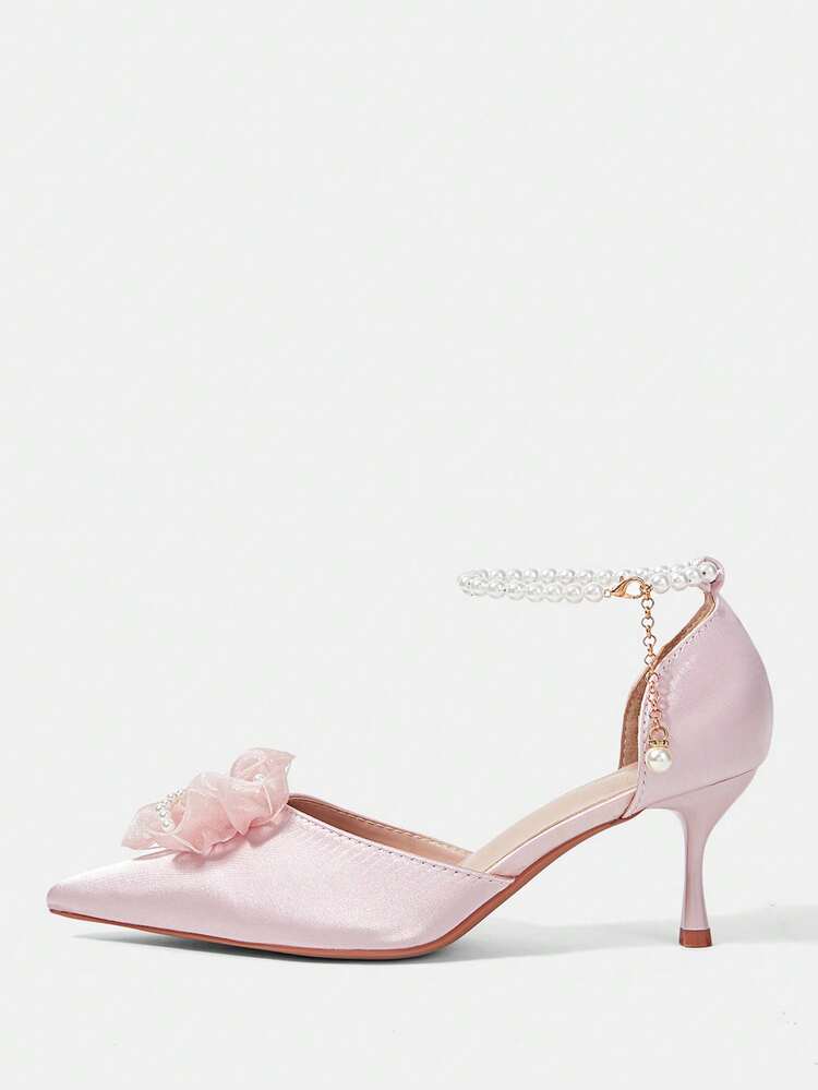 CUCCOO HITCHD Women Shoes Spring And Summer New Women's High Heel Shoes Flower Pearl Decoration Pointed Thin Heel With Pearl Buckle 6.5cm Elegant Satin Solid Color Banquet Dating Wedding Bridesmaids Versatile Comfortable Breathable Women's Shoes Summer Shoes Wedding Shoes Bride Shoes