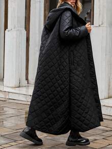 EURMUSE Women Quilted Brown Zipper And Button Detailed Winter Coat Fleece - Black - View 2