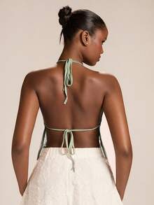 SHEIN BAE Women's Halter Deep V Backless Tie Lace Sequin Halter Top, Vacation , Sexy Semi-Sheer Top, Lace Top, Party Event Top, Music Festival Top - Green - View 2