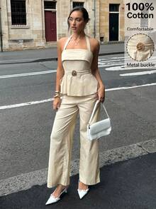 Siren Gaze 女士100%纯棉纯色露背吊带套装，亚麻材质，金属纽扣装饰吊带上衣搭配阔腿裤，两件套舒适时尚夏季服装，适合度假、海滩、夏季休闲、通勤和日常穿着，100%纯棉套装，裤装 - 杏色 - 查看 6