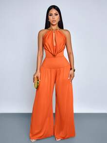 SOLERSUN Monos elegantes de verano y primavera para uso diario, de unicolor, con cuello halter, espalda descubierta, sin mangas, con pliegues y ajuste ceñido - Naranja - Ver 9