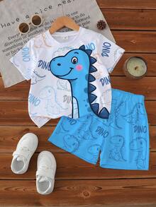 Playful Pals 1 Set Camiseta de manga corta con estampado de dinosaurio lindo y divertido, y pantalones cortos con estampado de dinosaurio azul para niños pequeños, conjunto informal de verano para juegos al aire deportes - Multicolor - Ver 3