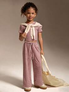 2pcs Girls' Spring/Summer Ribbed Short Sleeve T-Shirt And Wide Leg Pants Set, Casual Ribbed Outfit For Home, Leisure, Outdoor Sports - Pink - View 4